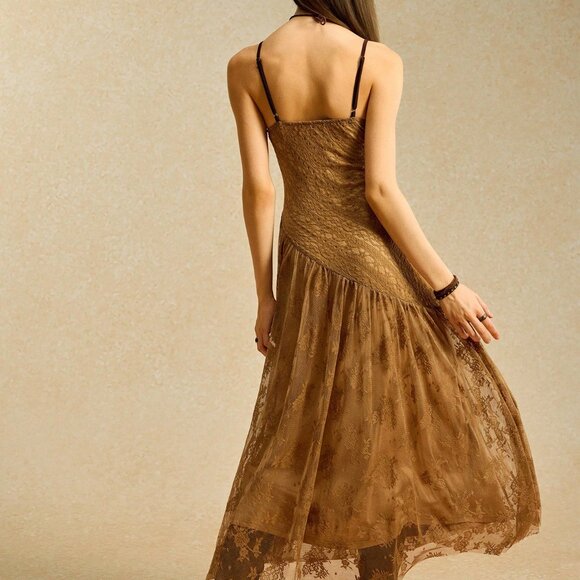 Brown Boho Lace Patchwork Women's Cheetah Print Maxi Sundress - Picture 2 of 7